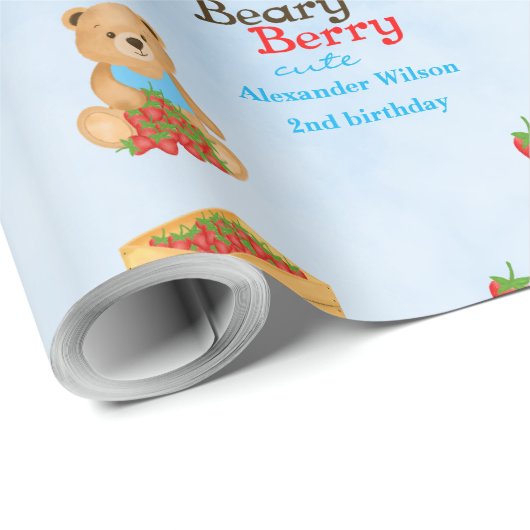 Beary Berry Schattige Blue Strawberry Cub Boy Cadeaupapier (Rol Hoek)