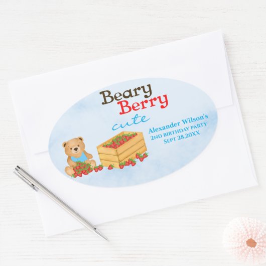 Beary Berry Schattige Cub Aardbei verjaardagsfeest Ovale Sticker (Envelop)