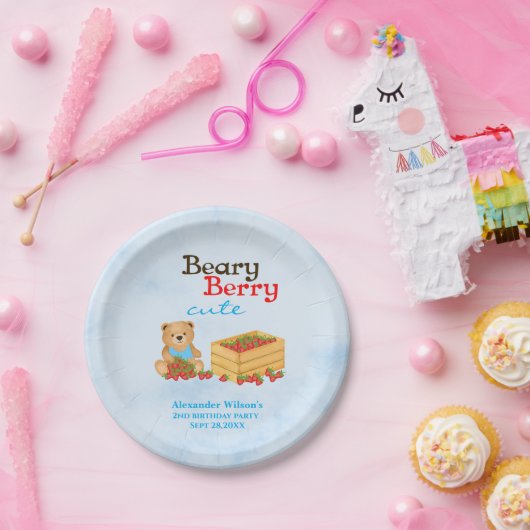 Beary Berry Schattigee Aardbei Cub Boy Verjaardags Papieren Bordje (Feest)