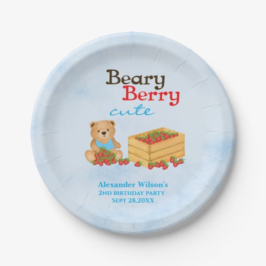 Beary Berry Schattigee Aardbei Cub Boy Verjaardags Papieren Bordje (Voorkant)