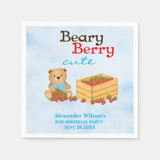 Beary Berry Schattigee Aardbei Cub Boy Verjaardags Servet (Voorkant)