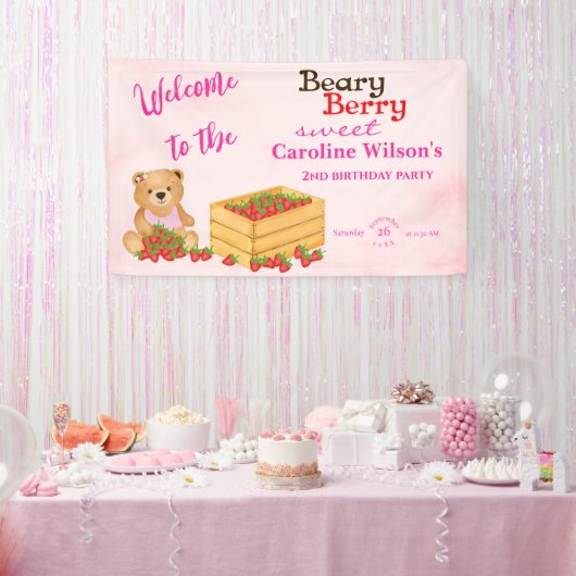 Beary Berry Sweet Pink Red Strawberry Cub Welkom Spandoek (Feest)
