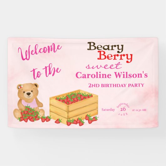 Beary Berry Sweet Pink Red Strawberry Cub Welkom Spandoek (Horizontaal)