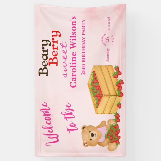 Beary Berry Sweet Pink Red Strawberry Cub Welkom Spandoek (Verticaal)