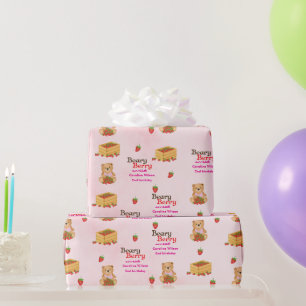 Beary Berry Sweet Pink Strawberry Cub Girly Cadeaupapier