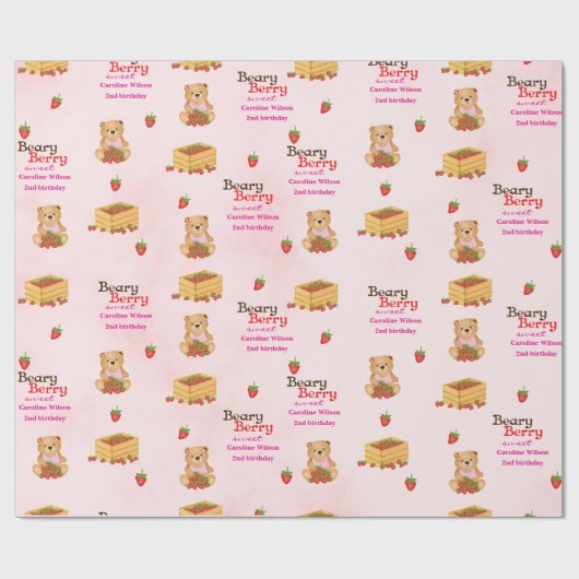 Beary Berry Sweet Pink Strawberry Cub Girly Cadeaupapier (Vlak)