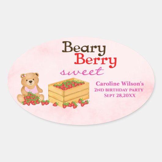 Beary Berry Sweet Pink Strawberry Verjaardagsfeest Ovale Sticker (Voorkant)