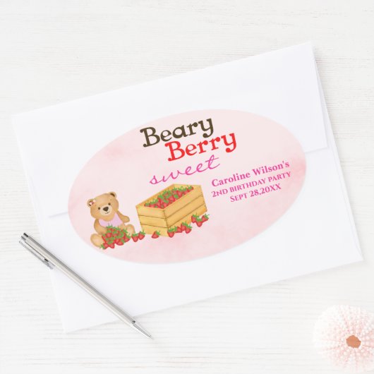 Beary Berry Sweet Pink Strawberry Verjaardagsfeest Ovale Sticker (Envelop)