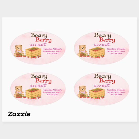 Beary Berry Sweet Pink Strawberry Verjaardagsfeest Ovale Sticker (Vel)