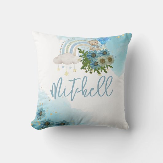 Beary Boho Rainbow Blue Balloon Personaliseren Kussen (Voorkant)