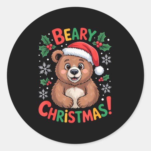 Beary Christmas Cute Bear Santa Funny Holiday  Ronde Sticker (Voorkant)