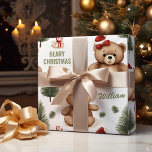 Beary Christmas Gepersonaliseerd Teddy Wrapping Pa Cadeaupapier<br><div class="desc">Zoete waterverf teddyberen in kerstmutsen met pijnbomen,  kleine cadeaus en zacht sneeuwdek. Personaliseer met de naam van een kind voor een gezellige,  kind-vriendelijke kerstverpakking in warmneutraal groen.</div>