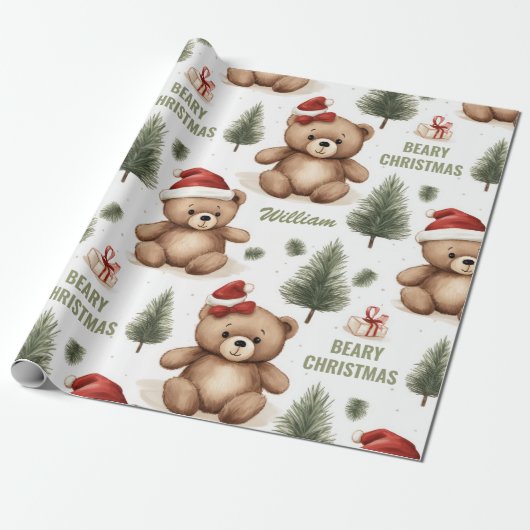 Beary Christmas Gepersonaliseerd Teddy Wrapping Pa Cadeaupapier (Uitgerold)