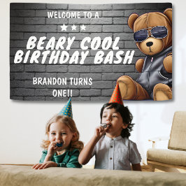 Beary Cool Hip Hop Teddy Bear Eerste Verjaardagsfe Spandoek