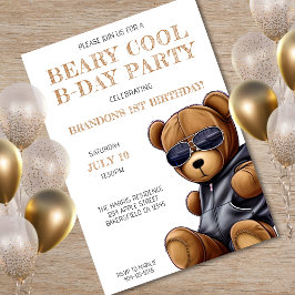Beary Cool Teddy Bear Jongen 1e Verjaardagsfeestje Kaart