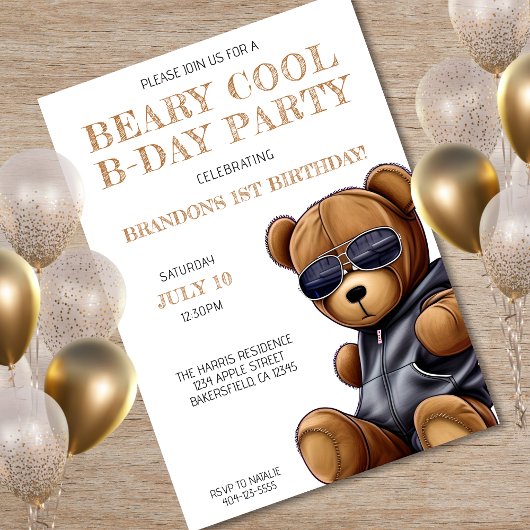 Beary Cool Teddy Bear Jongen 1e Verjaardagsfeestje Kaart