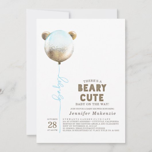 Beary Cute Blue ballon Teddy Bear Baby shower Kaart (Voorkant)