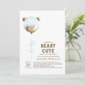 Beary Cute Blue ballon Teddy Bear Baby shower Kaart (Staand voorkant)