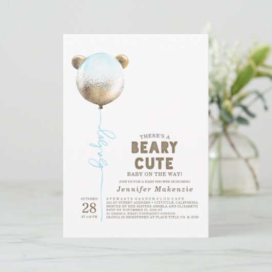 Beary Cute Blue ballon Teddy Bear Baby shower Kaart (Staand voorkant)