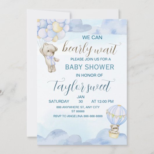 Beary Cute Blue Teddy Bear Baby Shower Invitation Kaart (Voorkant)