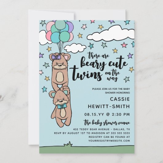 Beary Cute Boy & Girl Twin Baby shower Kaart (Voorkant)