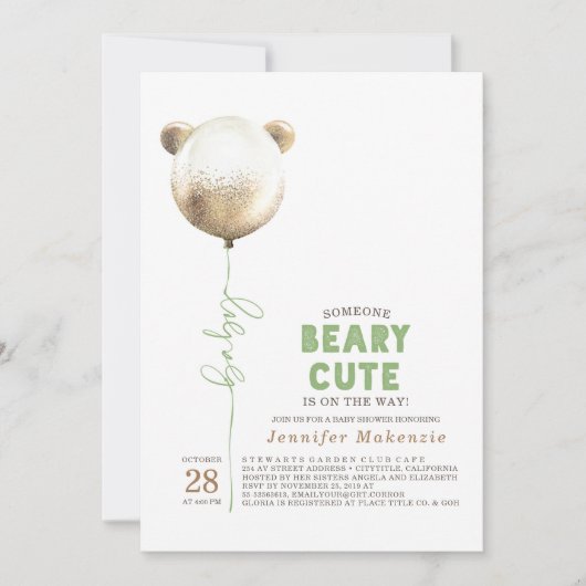 Beary Cute Gold Balloon Teddy Bear Baby shower Kaart (Voorkant)