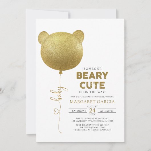Beary Cute Gold Balloon Teddy Bear Baby shower Kaart (Voorkant)