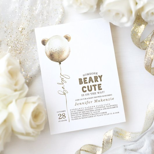 Beary Cute Gold Balloon Teddy Bear Baby shower Kaart