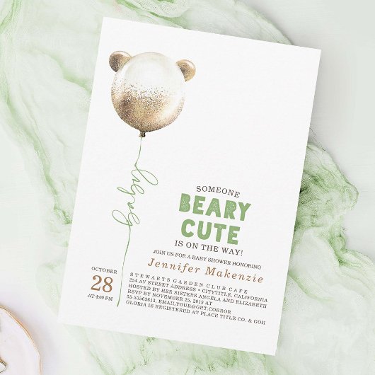 Beary Cute Gold Balloon Teddy Bear Baby shower Kaart