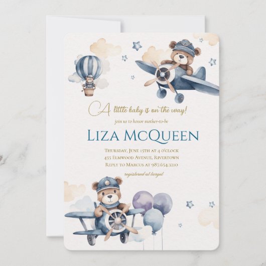 Beary Cute Pilot baby shower invitation Kaart (Voorkant)