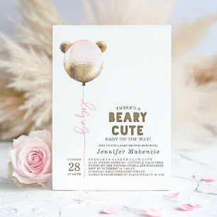Beary Cute Pink ballon Teddy Bear Baby shower Inv Kaart