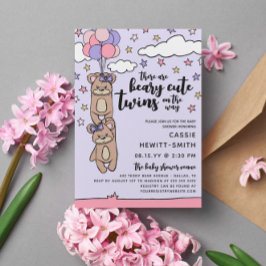 Beary Cute Pink Girl Twins Baby shower Kaart