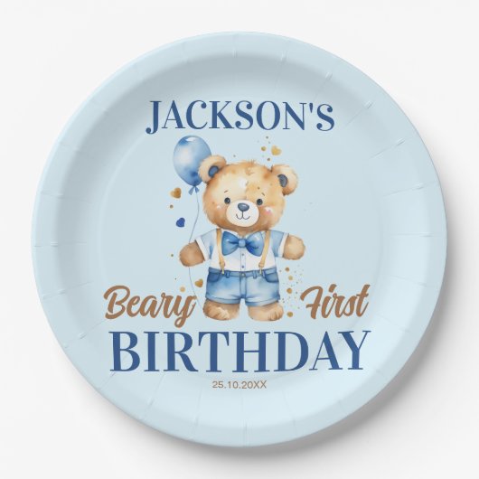 Beary eerste jongens verjaardag schattige teddy bl papieren bordje (Voorkant)