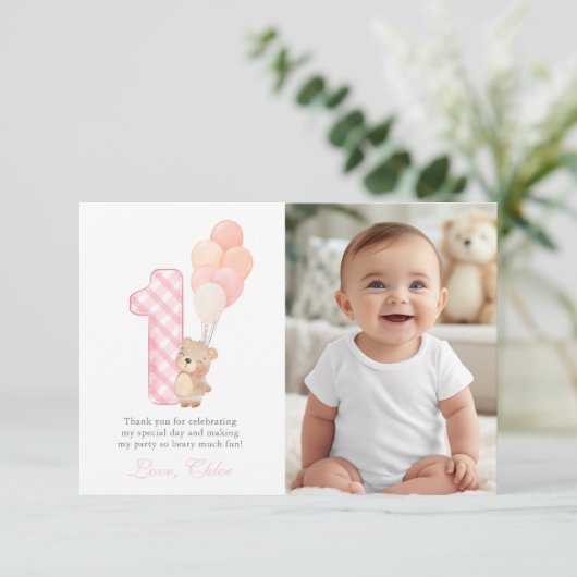 Beary Eerste Teddy Bear Meisje Verjaardagsfeestgas Bedankkaart (Staand voorkant)