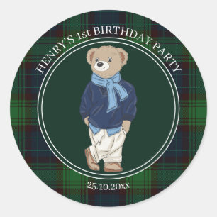 Beary eerste teddybeer groen geruit verjaardagsfav ronde sticker