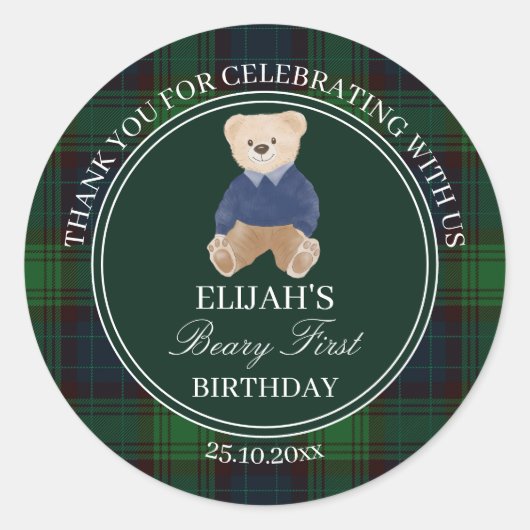 Beary eerste teddybeer groene plaid verjaardag gun ronde sticker (Voorkant)
