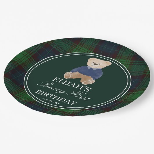 Beary eerste teddybeer groene plaid verjaardagsfee papieren bordje (Gekanteld)