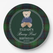 Beary eerste teddybeer groene plaid verjaardagsfee papieren bordje (Voorkant)