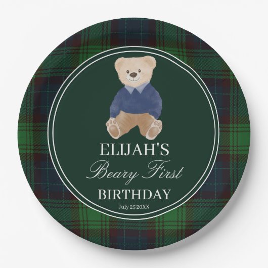 Beary eerste teddybeer groene plaid verjaardagsfee papieren bordje (Voorkant)