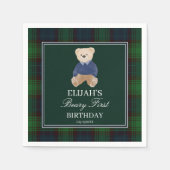 Beary eerste teddybeer groene plaid verjaardagsfee servet (Voorkant)