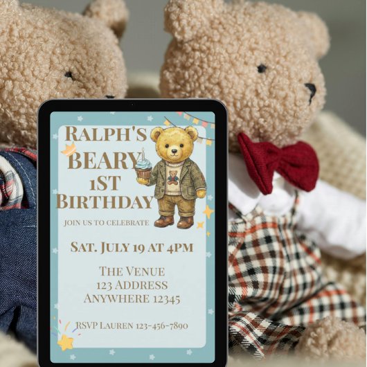 Beary Eerste Verjaardag Blauw Bruine Keurige Beer Kaart