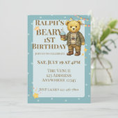 Beary Eerste Verjaardag Blauw Bruine Keurige Beer Kaart (Staand voorkant)