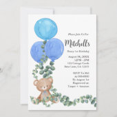 Beary eerste verjaardag blauwe ballon uitnodiging (Voorkant)