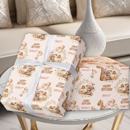 Beary Eerste Verjaardag Herfst Beer Meisje 1e Verj Cadeaupapier