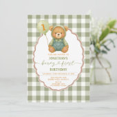 Beary Eerste Verjaardag Pompoen Sage Green Gingham Kaart (Staand voorkant)