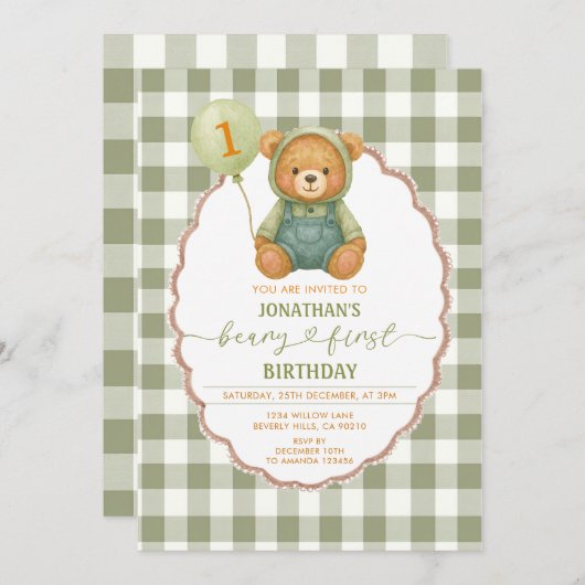 Beary Eerste Verjaardag Pompoen Sage Green Gingham Kaart (Voorkant / Achterkant)