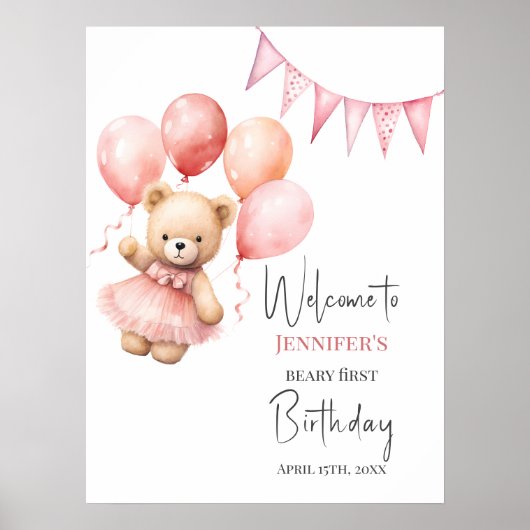 Beary Eerste Verjaardag Poster Roze Ballon (Voorkant)