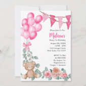 Beary eerste verjaardag roze ballon uitnodiging (Voorkant)