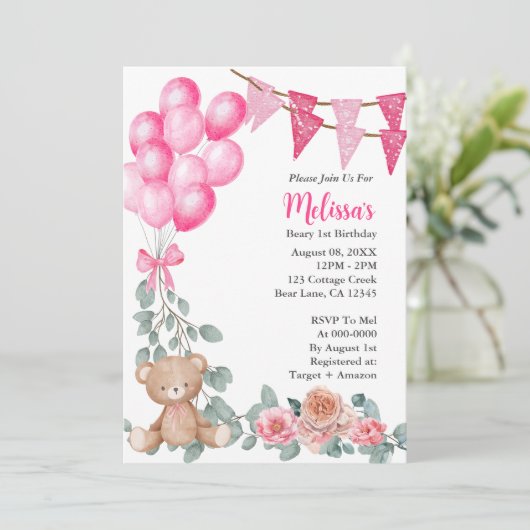 Beary eerste verjaardag roze ballon uitnodiging (Staand voorkant)