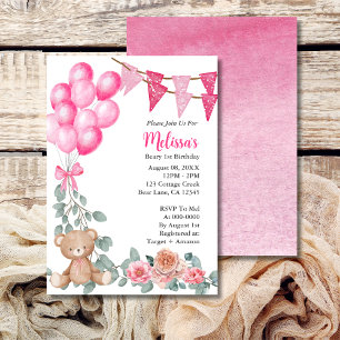 Beary eerste verjaardag roze ballon uitnodiging
